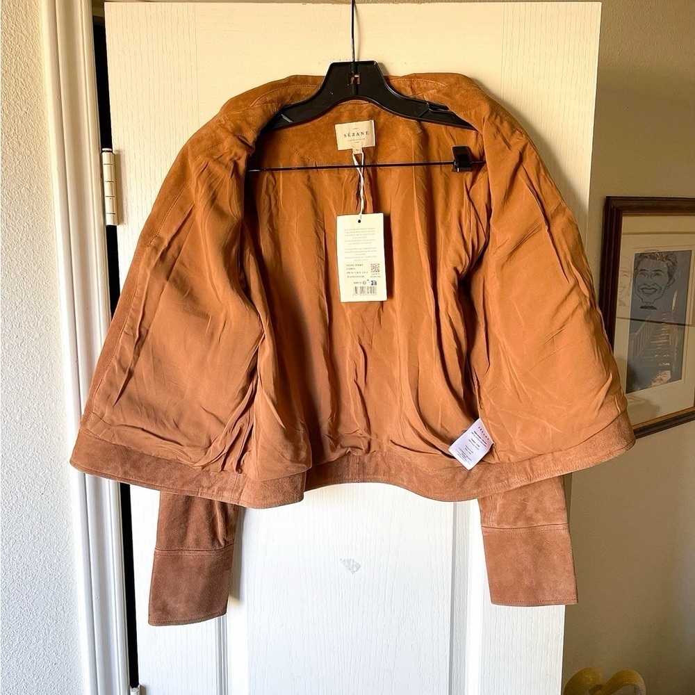 Sézane Terry Jacket Gold Buttoned Camel Suede Goat Leather FR 34 NWT - Picture 7 of 13